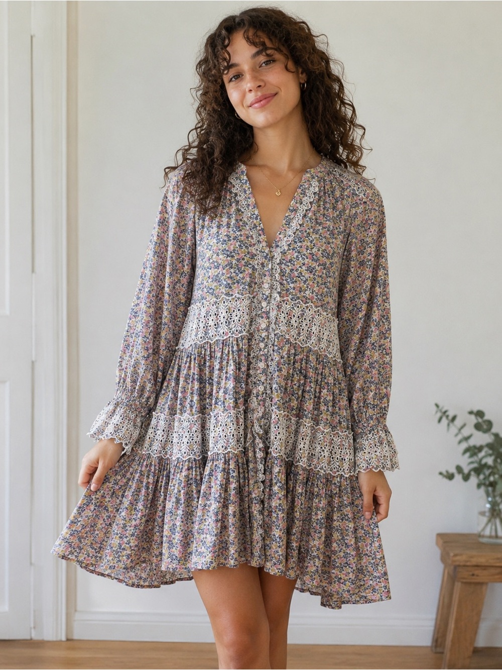 by TiMo Poplin Floral and Eyelet Lace Mini Dress
